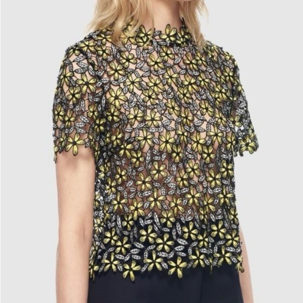Self-Portrait Daisy Guipure Top in Black & Yellow